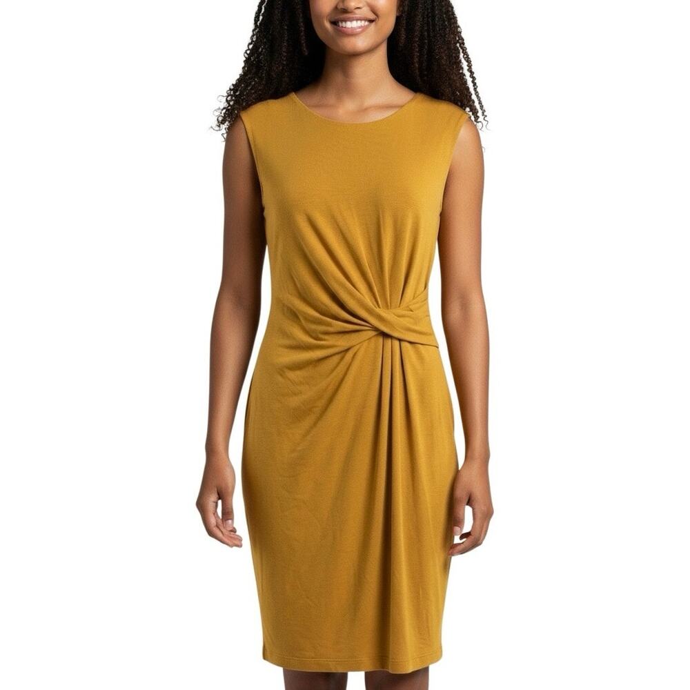 NWT Philosophy Mustard Yellow Knot Front Ruched Sheath Dress Medium Midi